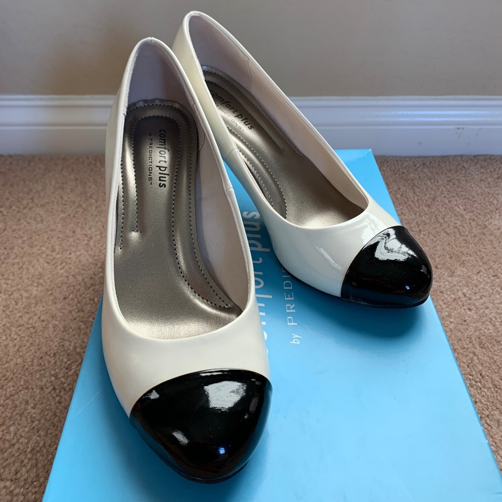 White and Black Cap Toe Heels - Patent Finish